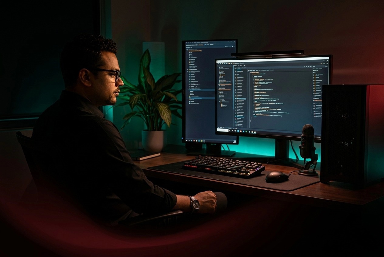 Developer workstation with dual monitors showing WordPress and block editor code